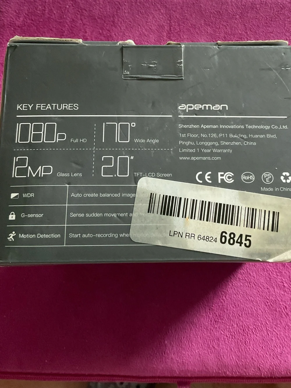 Apeman C420 Dash Camera - Black - 1080P Full HD, NIB